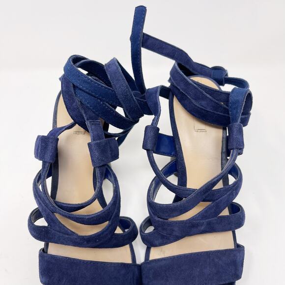 Aldo Womens 6.5 Navy Blue Lace Up Suede Heels 4" Round Wood Heels Open Toes - Picture 9 of 16